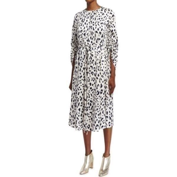 Tibi Cheetah Silk Sculpted-Sleeve Ruched Midi Dress Ivory relaxed fit size 4