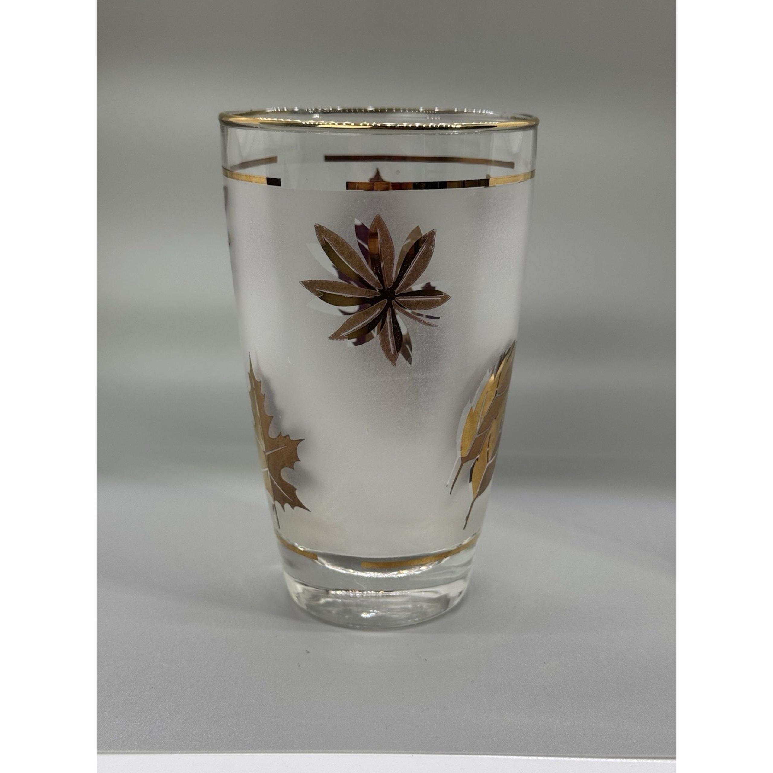Vintage Libbey Frosted Gold Leaf Tumblers Glasses Gold Rim 5-1/4" 12oz Set Of 4