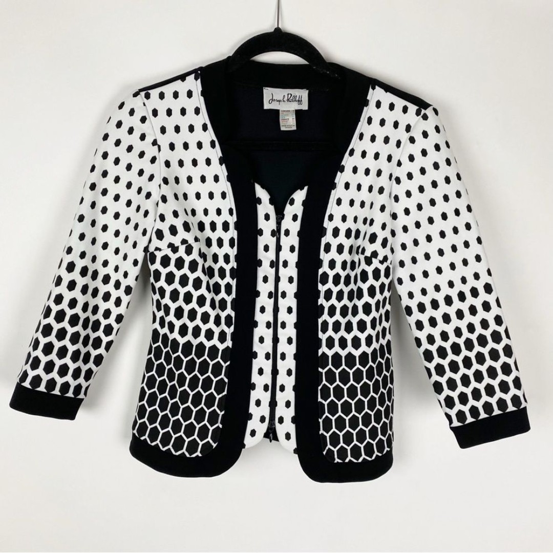 JOSEPH RIBKOFF Black White Geometric Print Zip Up Knit Jacket 3/4 Slv - Size 4