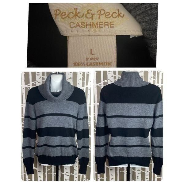 Peck & Peck Cashmere Cowl Neck Striped Sweater L Black & Gray