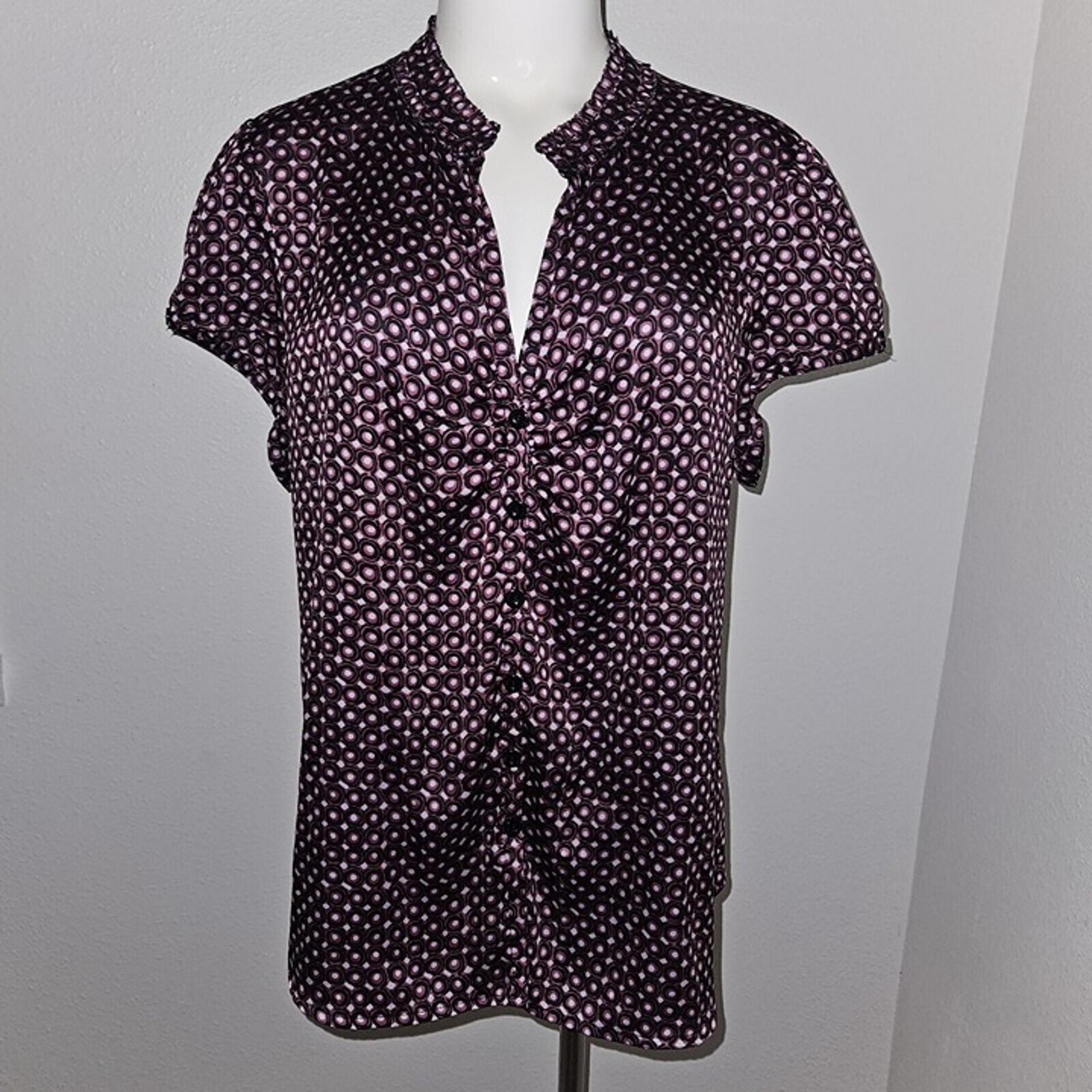 Emma James Purple Black Dot Blouse Button Front Cap Sleeve Approx Large