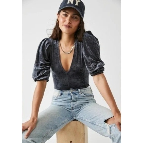 Free People Don't You Wish Velvet Bodysuit Plunging Gray Blue Size Small New