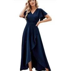 NEW Blue Split Elegant V Neck Wrap Ruffle Gown Dress 2X
