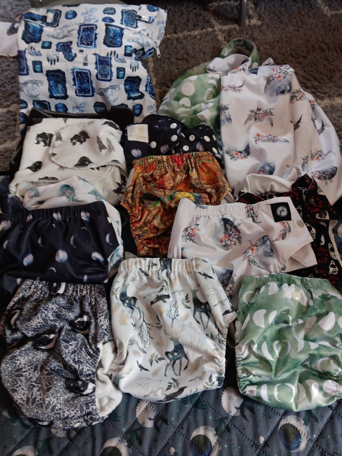 Huge Cloth Diaper Bundle. Preflats, Covers, Pockets, Liners, Wetbags, Pods, AIO