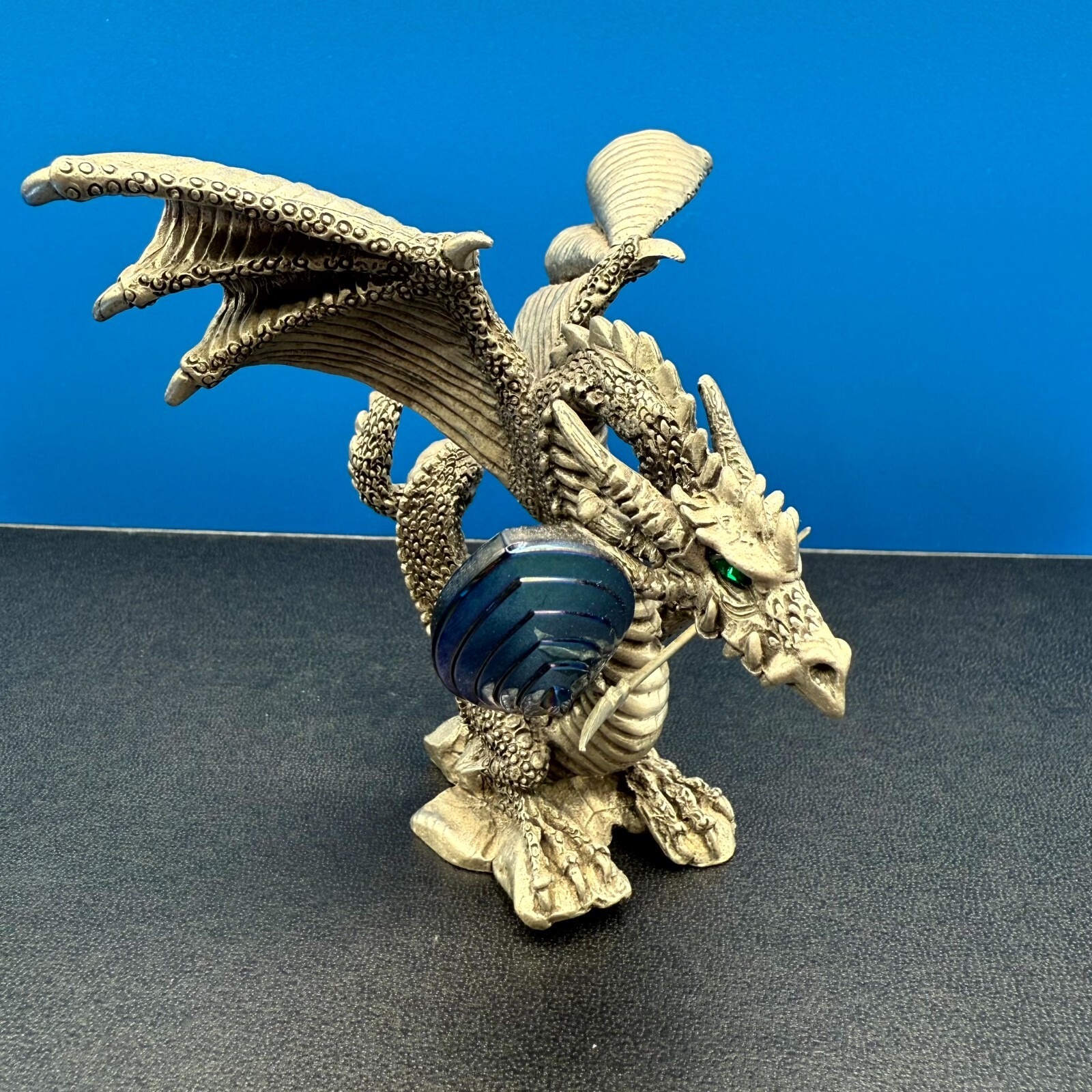 VTG 1999 Rawcliffe Pewter Green Eyed Winged Dragon Figurine with Crystal & Stick