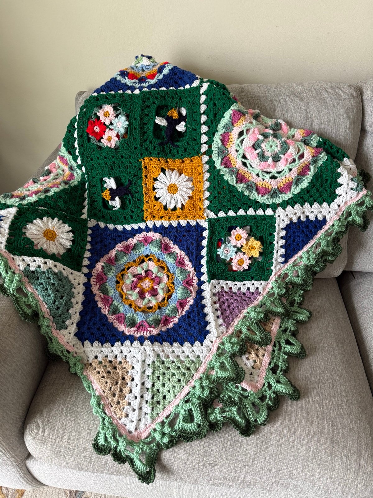 Secret garden style floral granny afghan Handmade Crochet blanket 75” x 75”