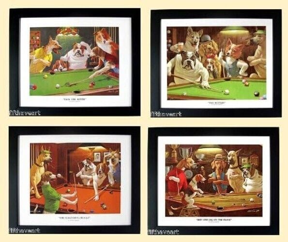 Dogs Playing Pool Art Set Framed Posters by Arthur Sarnoff