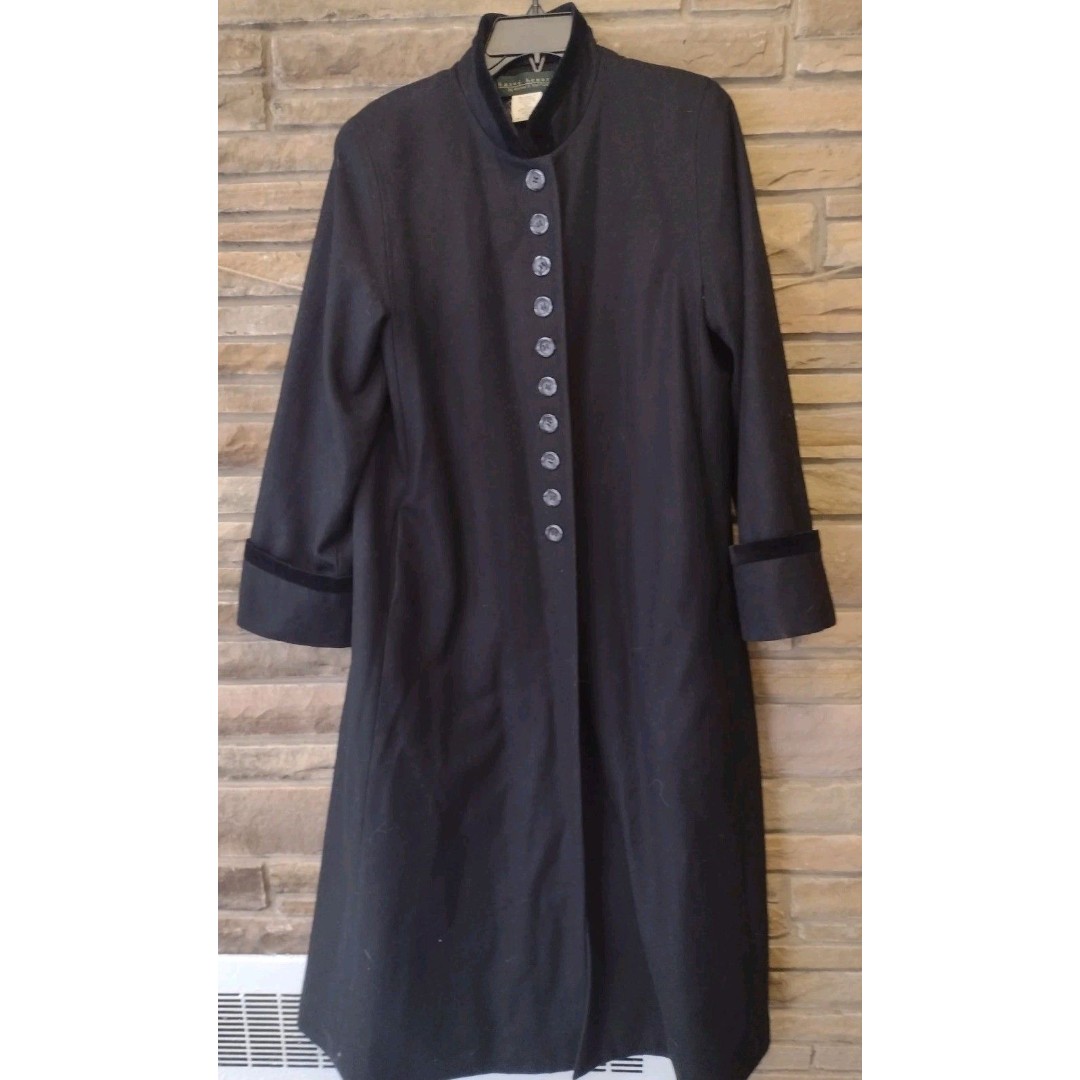 Harve Benard Long Black Wool Trench Duster Coat W Velvet Trim Sz 8 Fits Larger