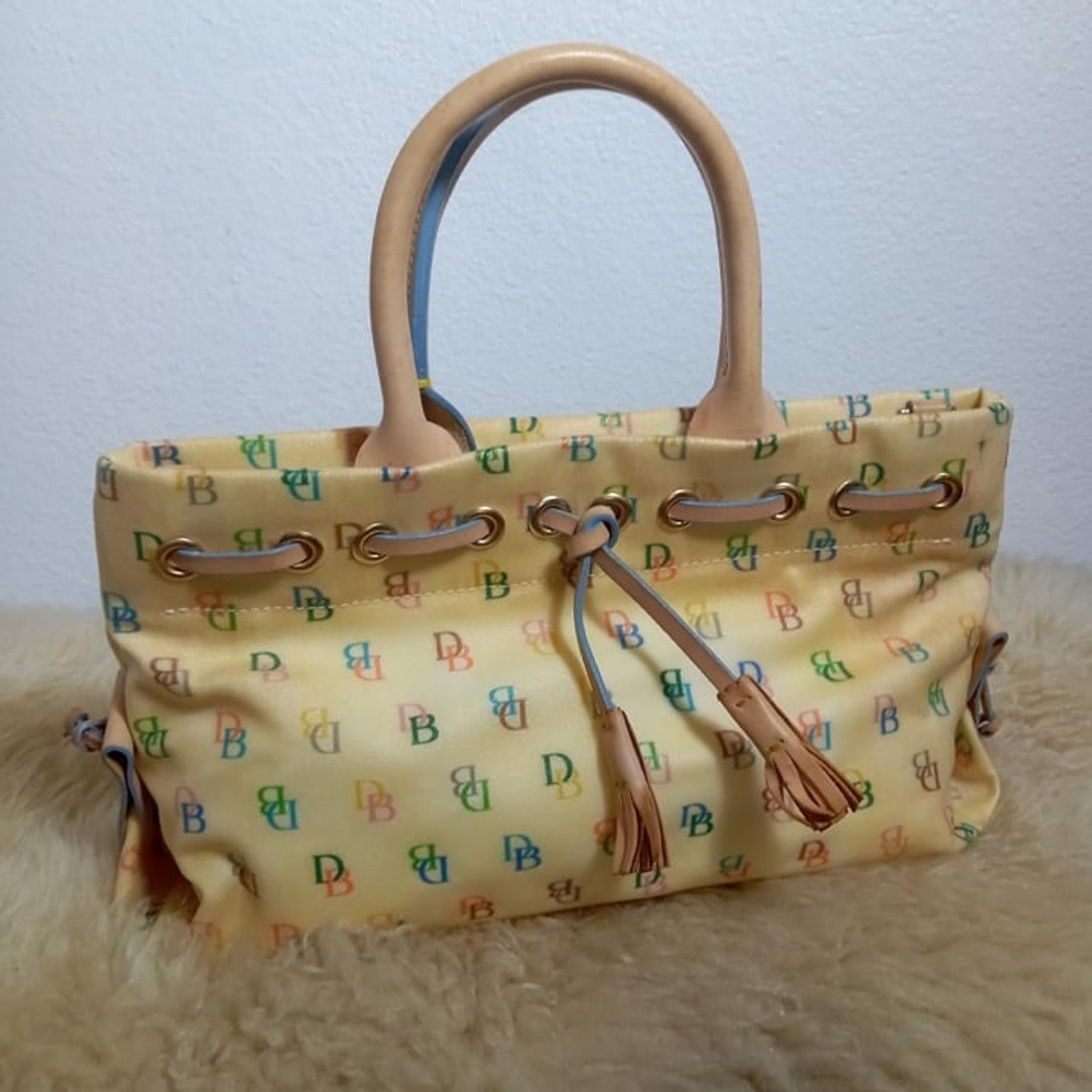 Vintage DOONEY & BOURKE Rainbow BD Logo Handbag Yellow Tan Tassels Purse Tote