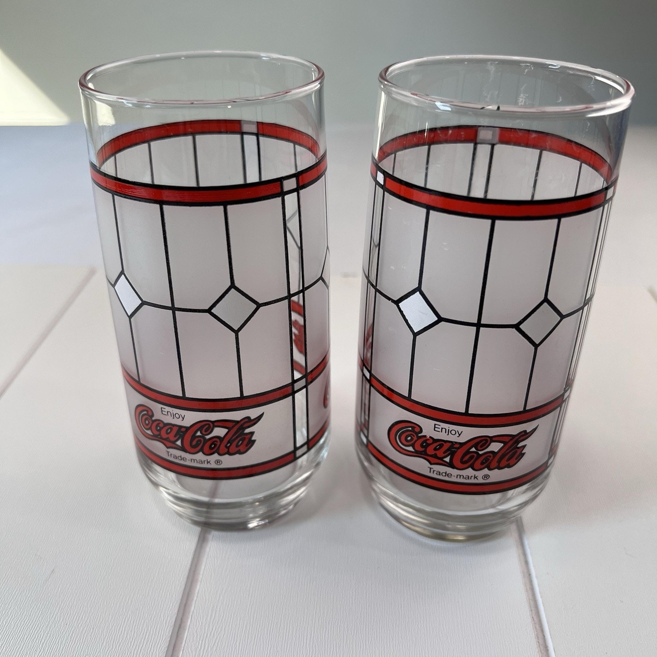2 Coca Cola Vintage Drinking Glass Tumbler Red Frosted Stained Window Coke Cup