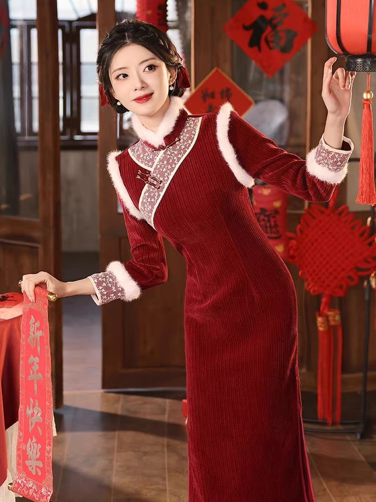 Red Fleece-Lined Qipao Jacket Dress | Modern Chinese Bridal Tea Ceremony & Winte
