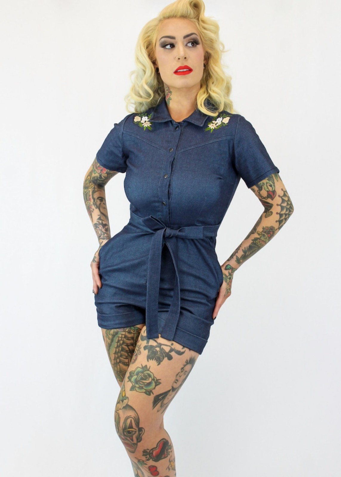 Vintage Inspired Embroidered Floral Denim Romper