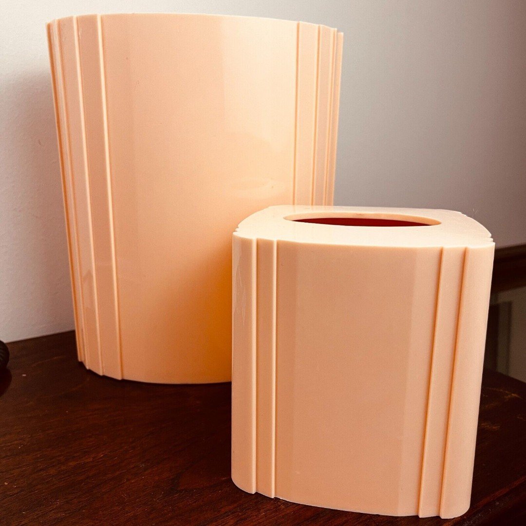 Vtg Trash Can Tissue Box Holder Cover Peach Coral Retro Bath Home Decor Atomic