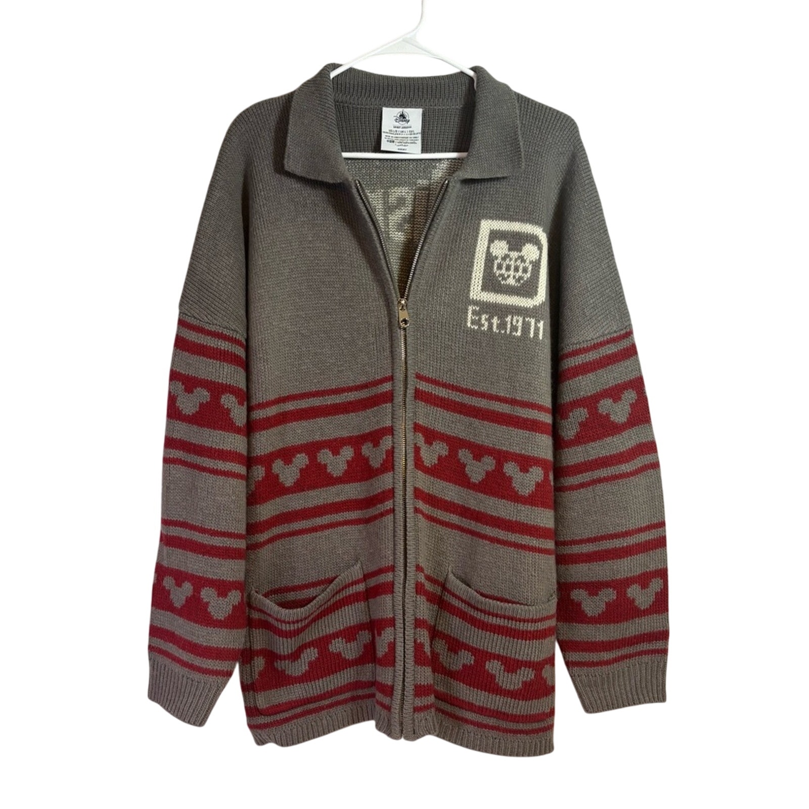 Walt Disney World Gray and Red Full Zip-Up Cardigan Holiday Spirit Jersey Large