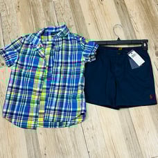 NWT Ralph Lauren polo boys Kids Blue shorts size 8 with Plaid Shirt sz 7