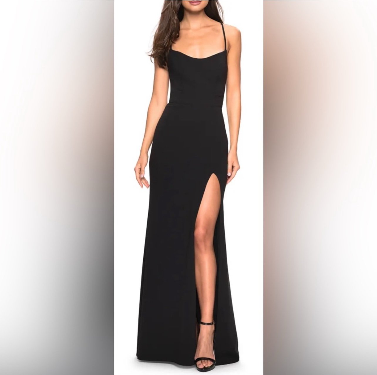 La Femme Black Spaghetti Strap Corset Back Jersey Gown Size 12 NWT