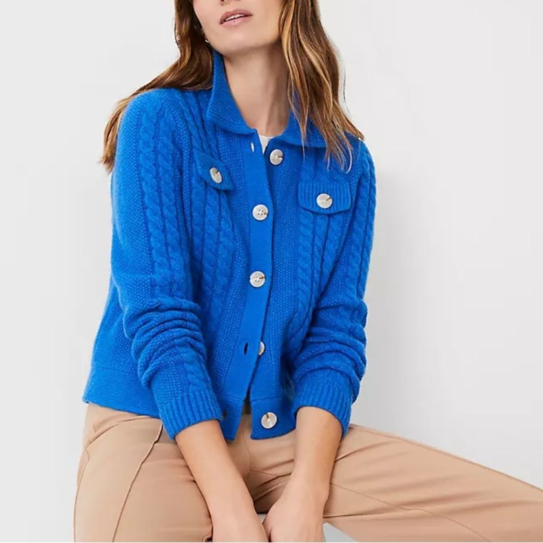 Ann Taylor Cobalt Blue Chunky Collared Cable Sweater Jacket
