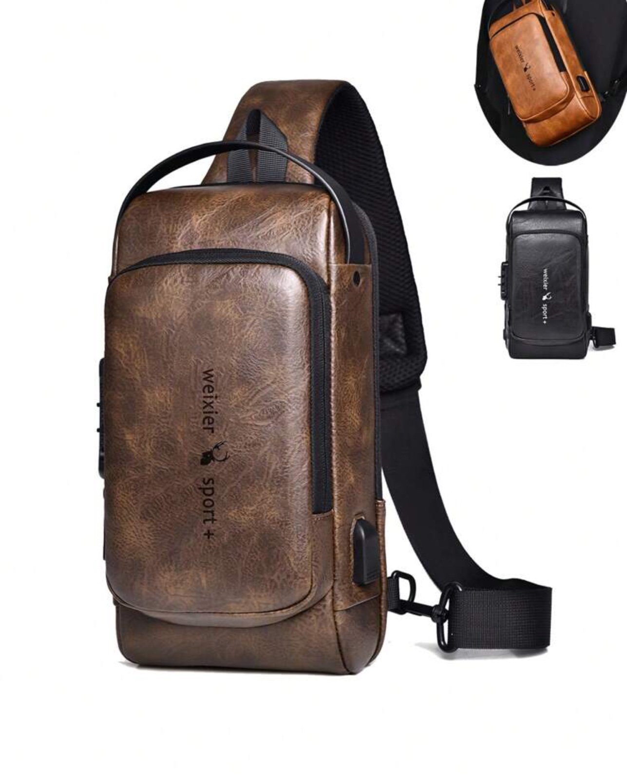 Men's PU Leather Sling Backpack with USB - Retro Cross Body Shoulder Chest Bag