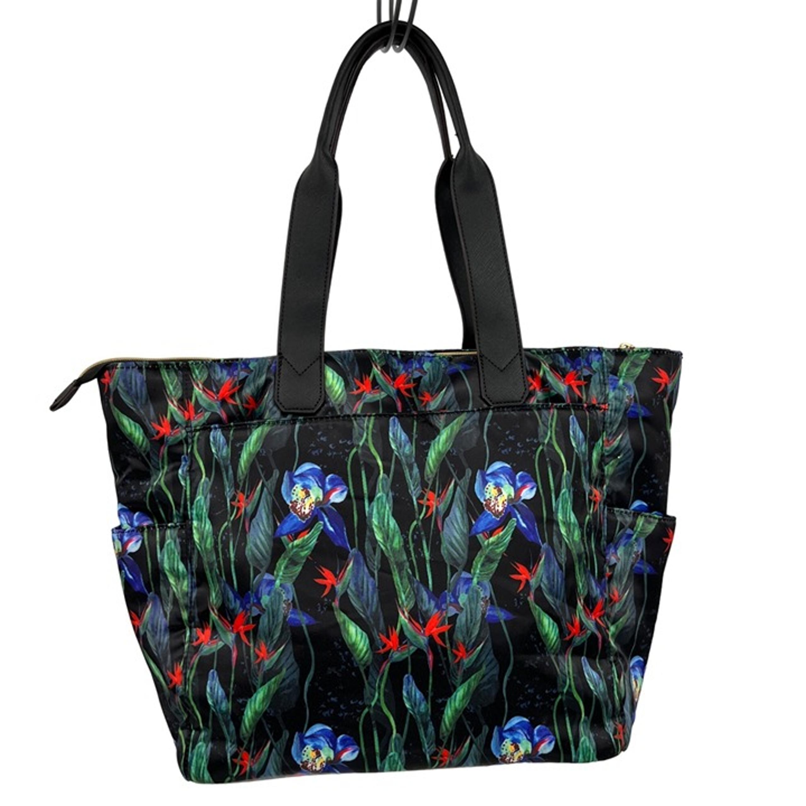 Aimee Kestenberg Black Zipper Tote Bag Midnight Orchid Print