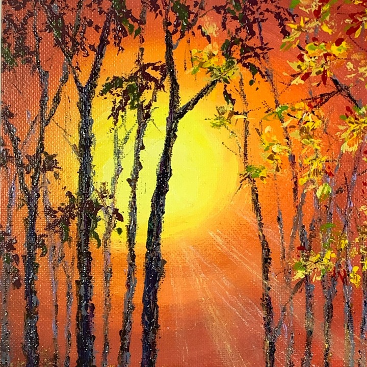 The Setting Sun Autumn Season Acrylic Painting, 8 x 8, Original Hand Painted Art