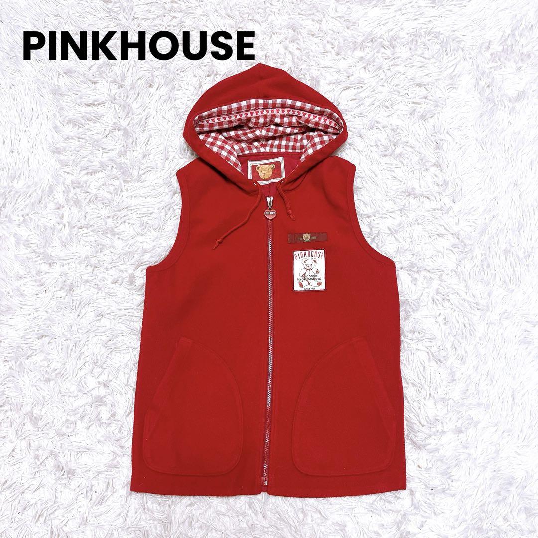 Pink House Zip-Up Fleece Vest with Hood and Patch, Check Pattern, Red