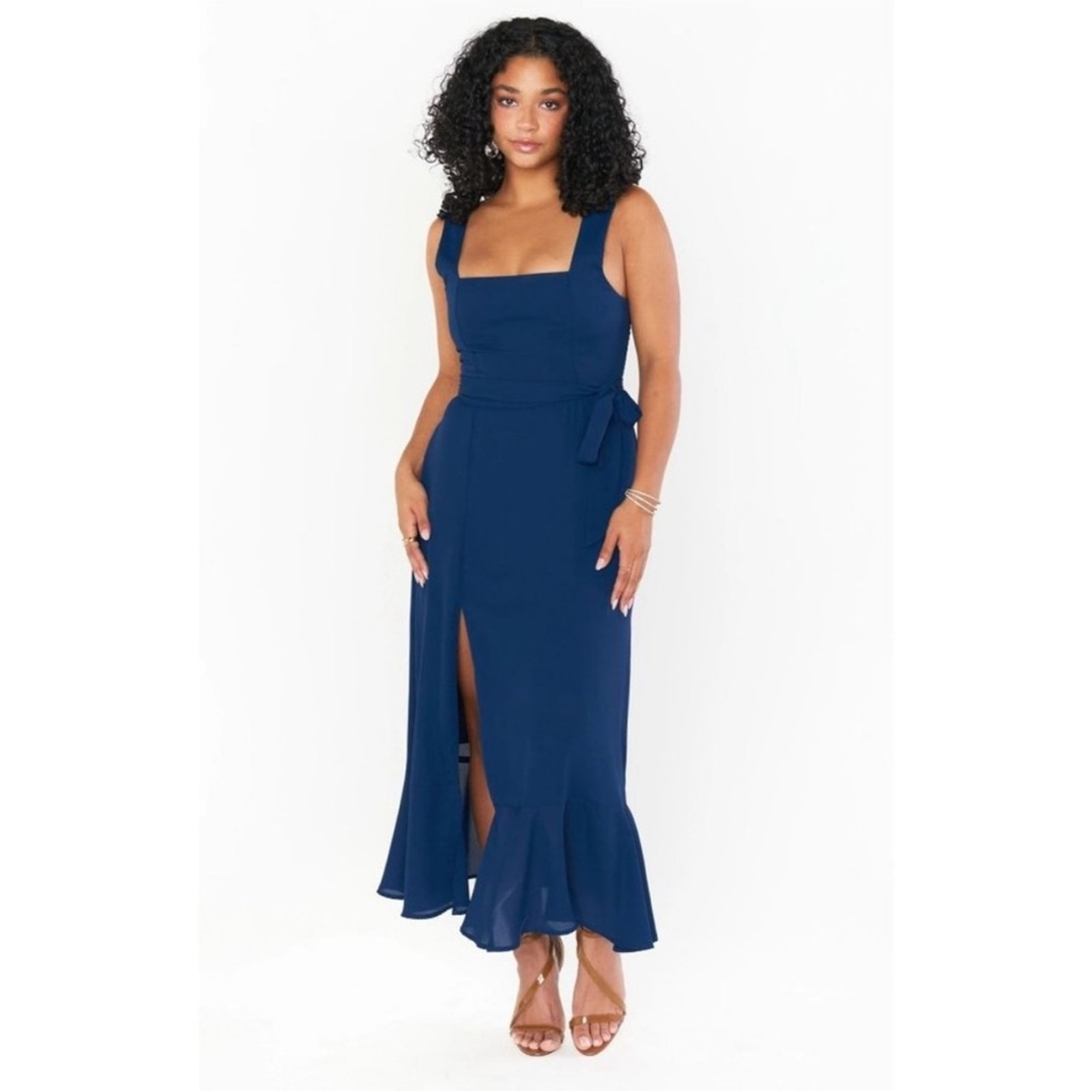 New Show Me Your MuMu Claire Midi Dress in Rich Navy Crisp Women’s Medium Blue