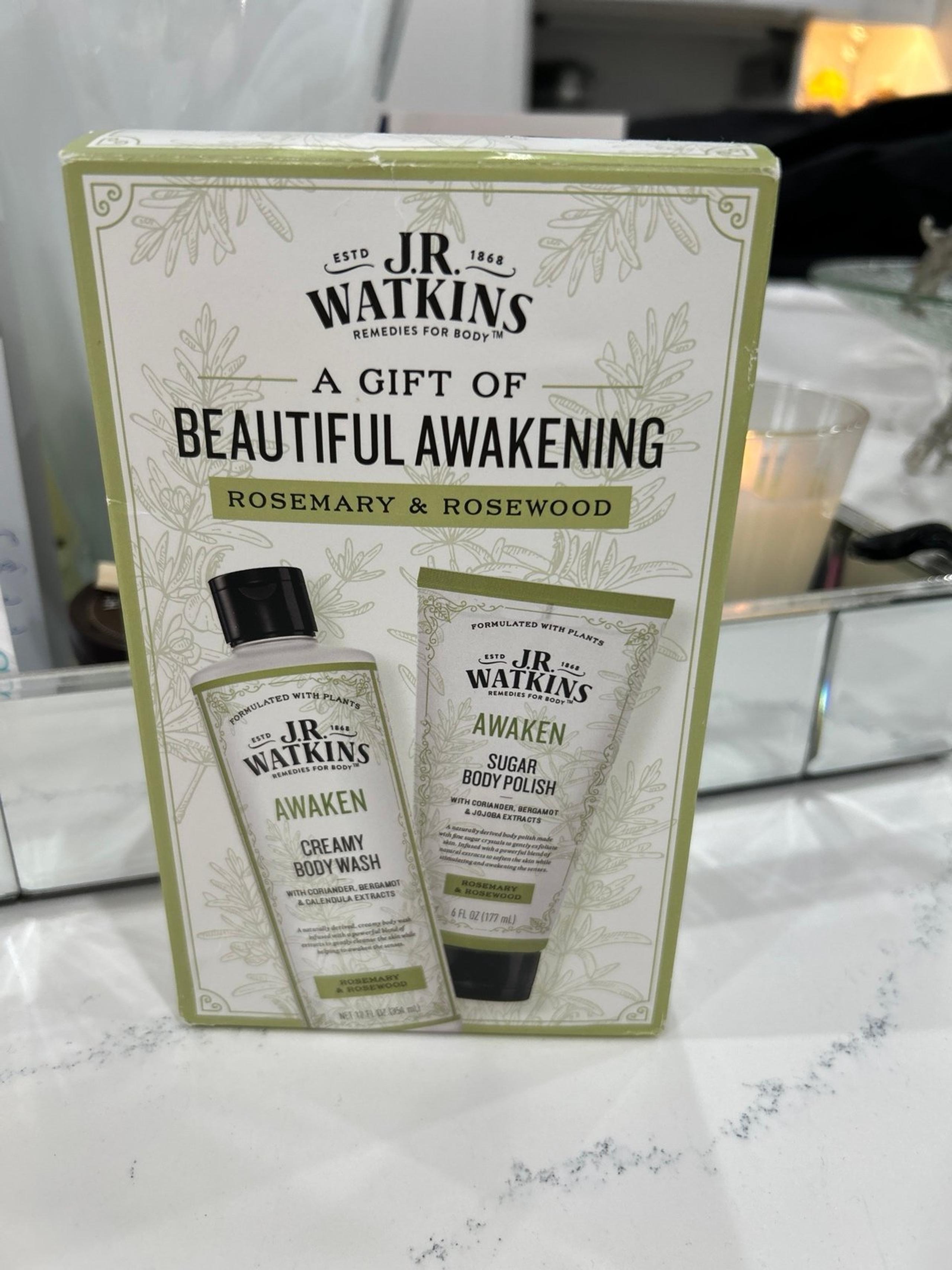 JR Watkins Body Wash/Body Sugar Polish, Rosemary & Rosewood, 6oz, Boxed Gift Set