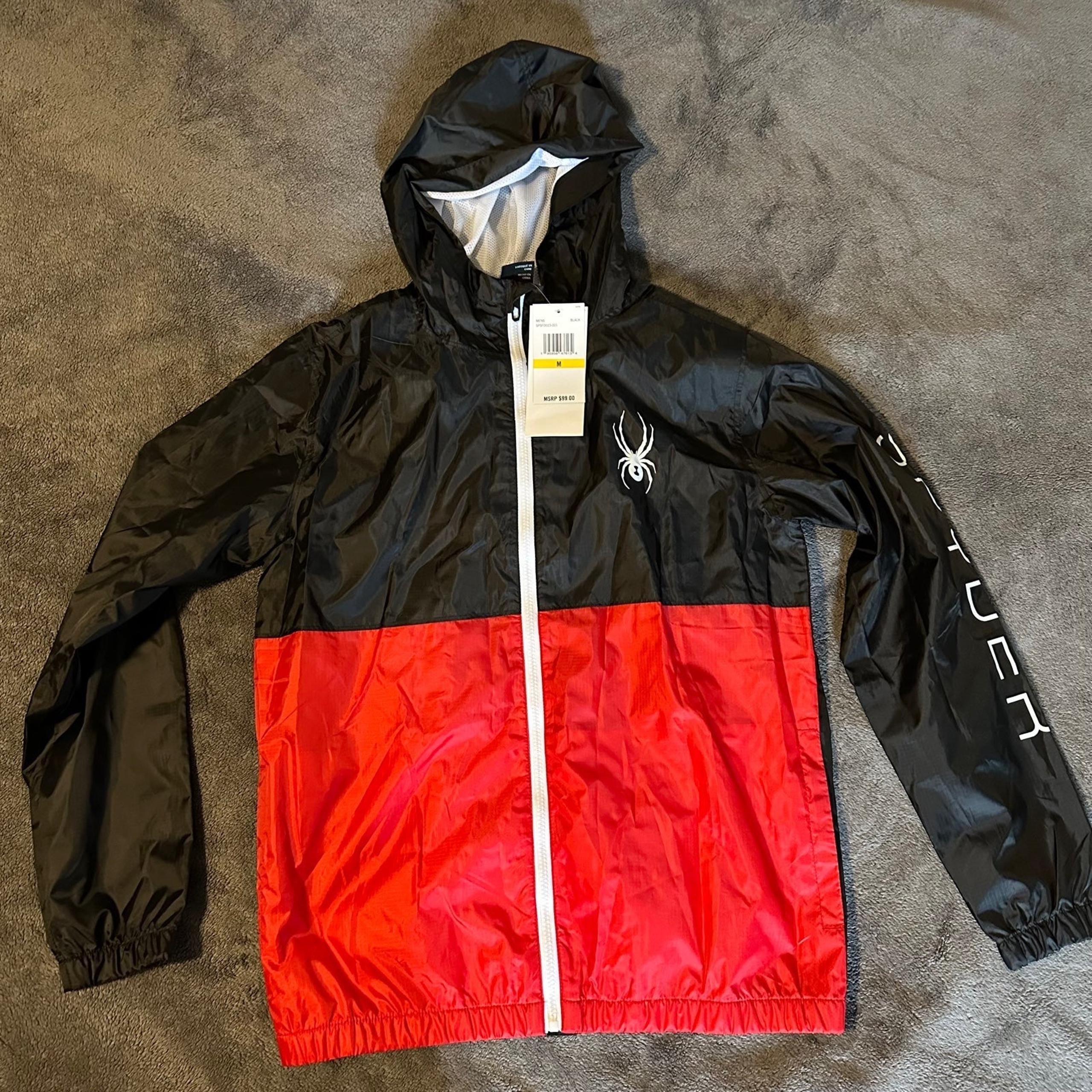 SPYDER Men's medium Red Black Logo Water Resistant Windbreaker Jacket Mesh Line
