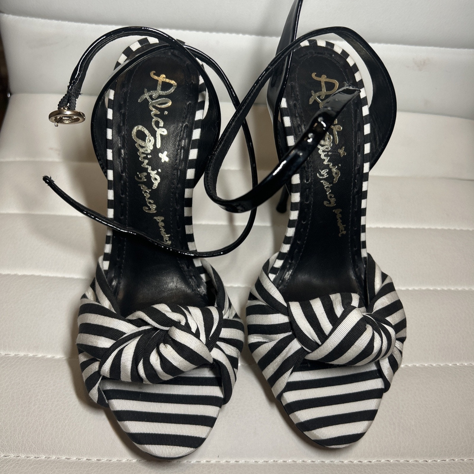 Alice And Olivia Stiletto Heels Black & White Stripe Over Black Patent Leather