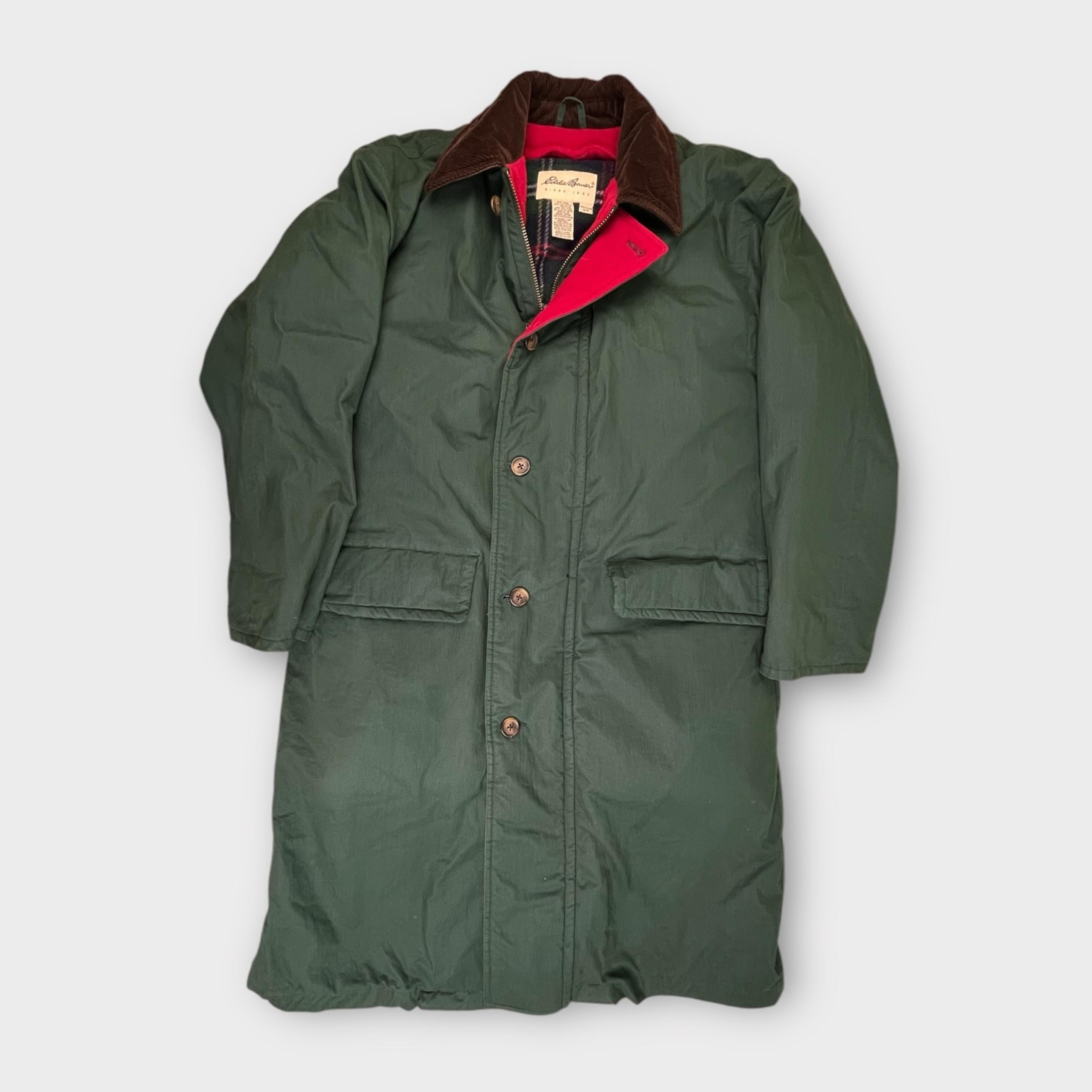 Vtg Eddie Bauer Green Wool Lined Trench Coat Leather Trim Goose Down Mens Small