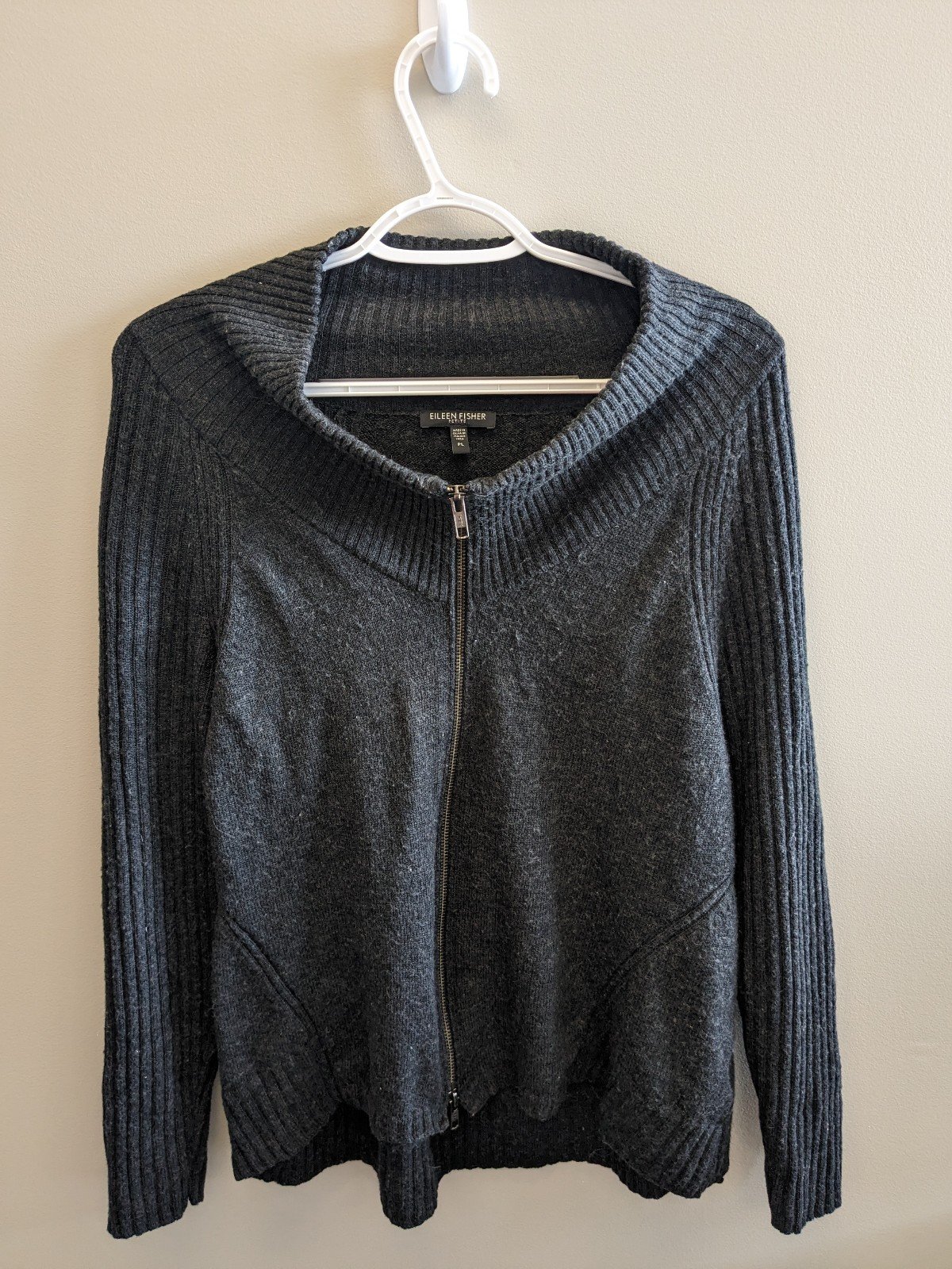 Eileen Fisher Organic Cotton Dark Gray Zip Up Sweater Jacket Size Petite Large