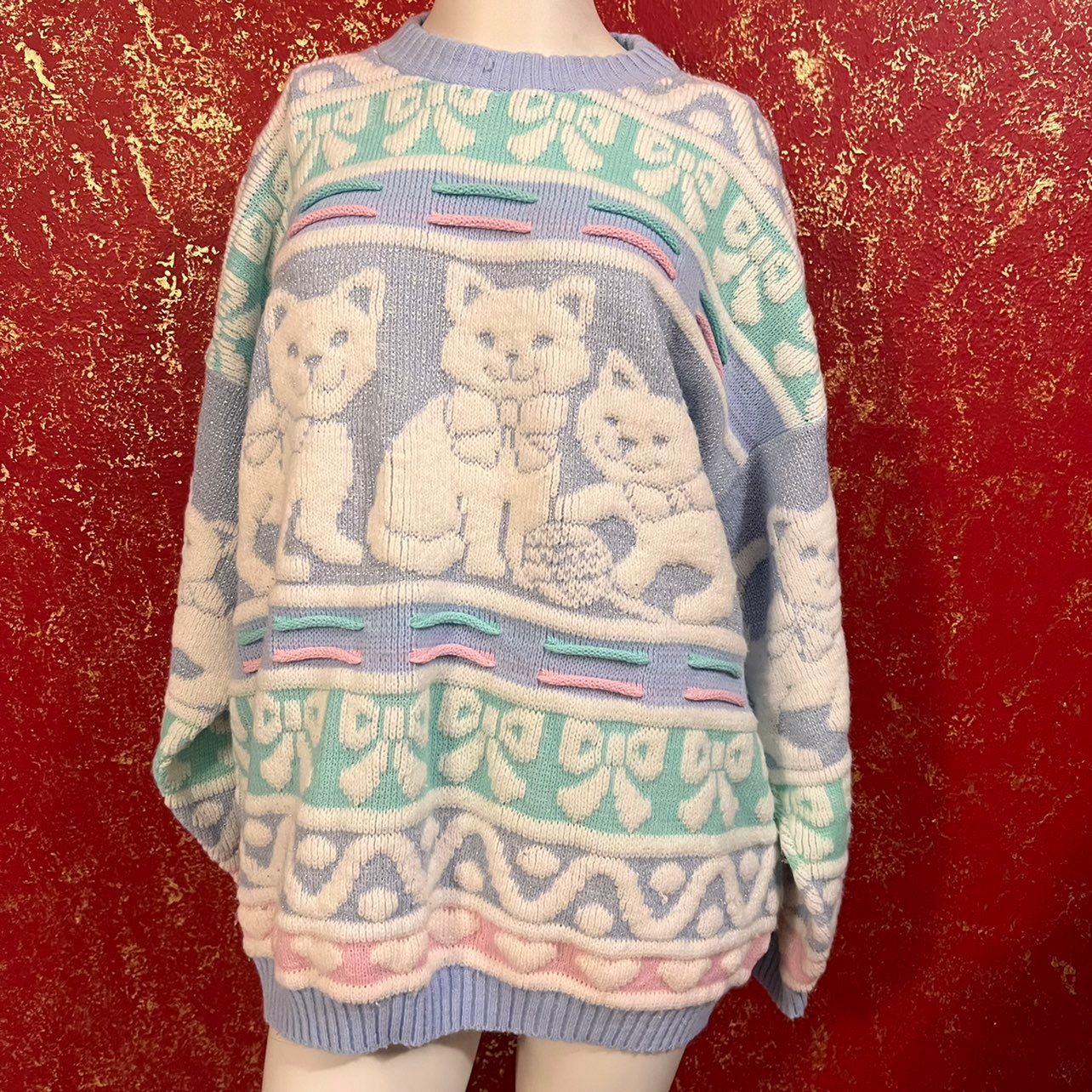 ROSE Vintage Pastel Cat Kitten Fairy Kei kawaii Jumper Sweater M - detail