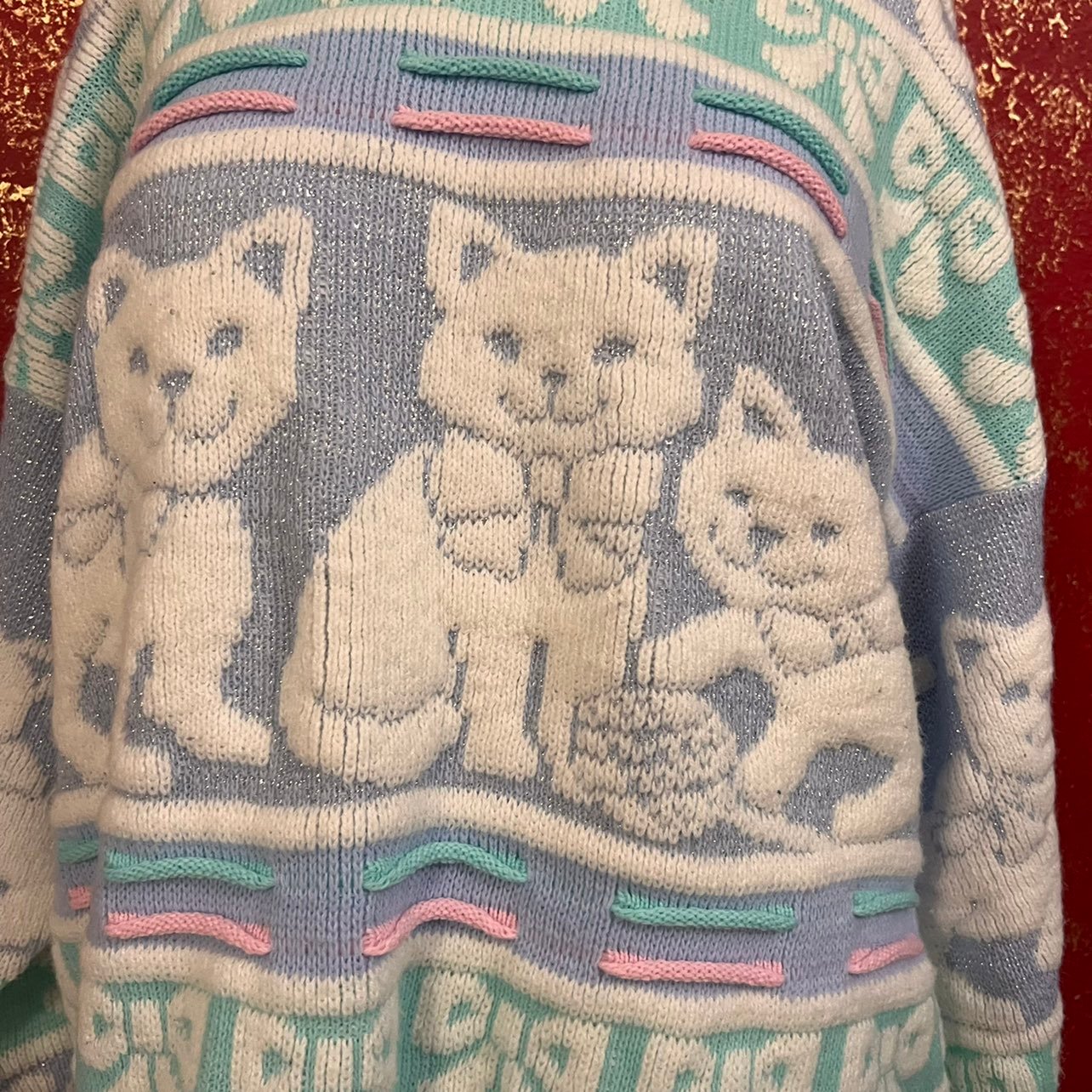 ROSE Vintage Pastel Cat Kitten Fairy Kei kawaii Jumper Sweater M - detail