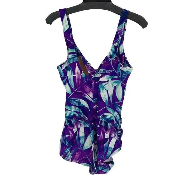 Maxine Of Hollywood Womens Ruched Front Tropical One Piece Swimsuit Purple Sz 18