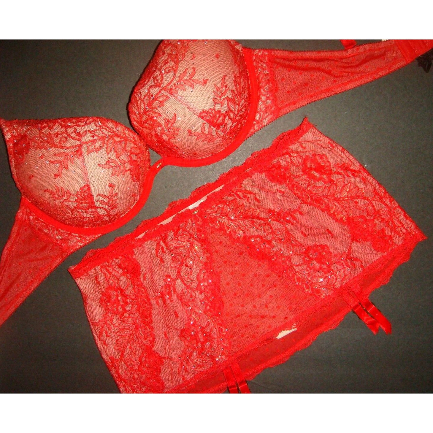 Victoria's Secret 36C BRA SET S,M,L GARTER skirt RED lace gold ANGEL FANTASIES