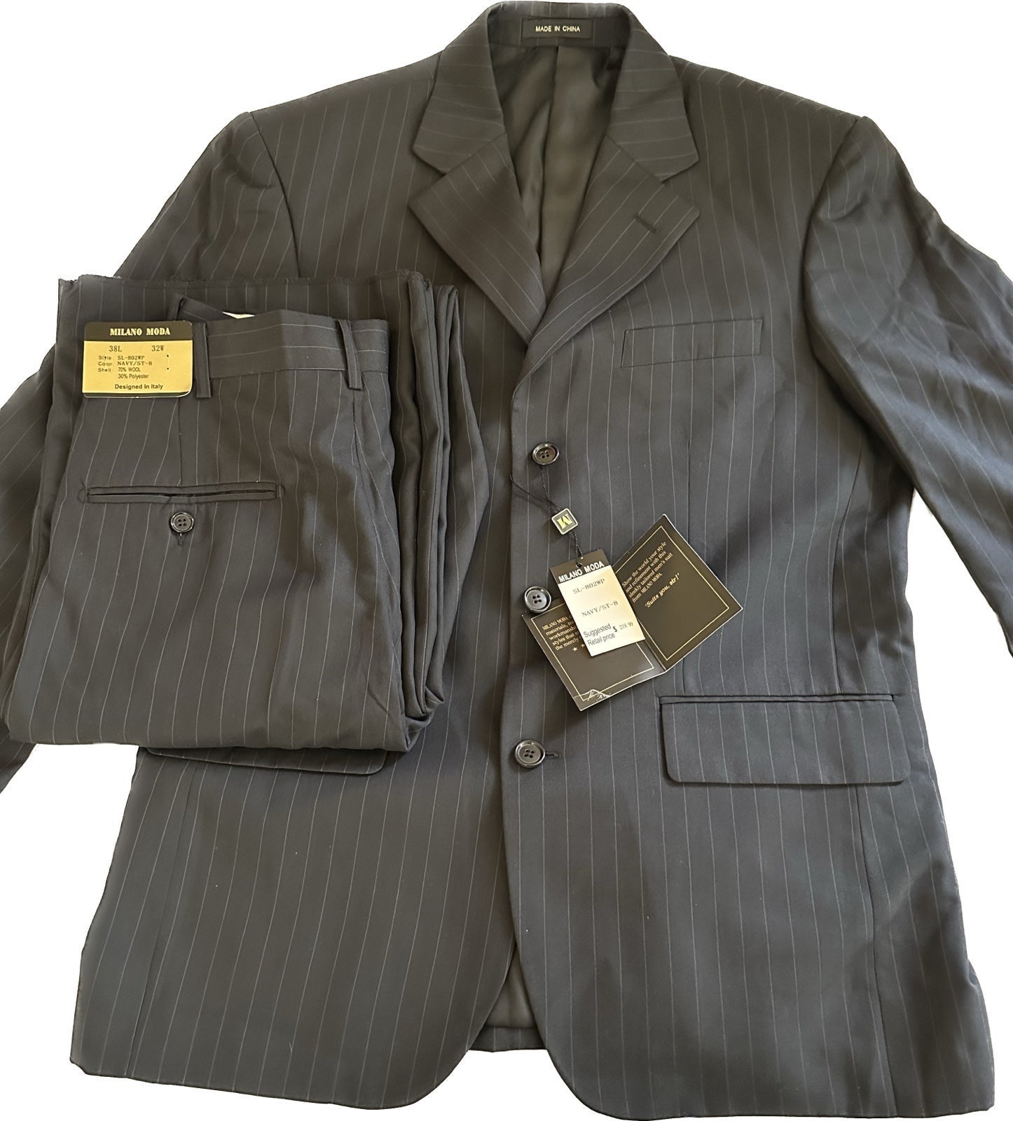 Milano Moda Navy Striped Blue Suit 32W
