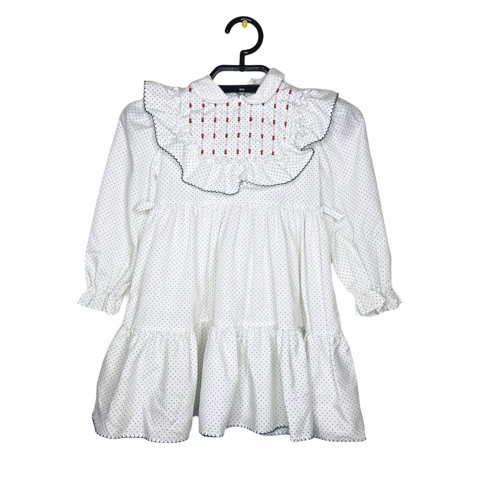 Vintage Polly Finders Polka Dot Smocked Ruffle Detail Long Sleeve Dress