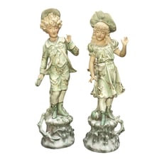 RARE Vtg German Bisque Porcelain Pastoral Boy & Girl Pair 1800s FREE US Shipping