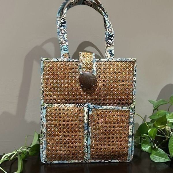 Vera Bradley Paisley Tiki Tote Cane Rattan Wicker Bag