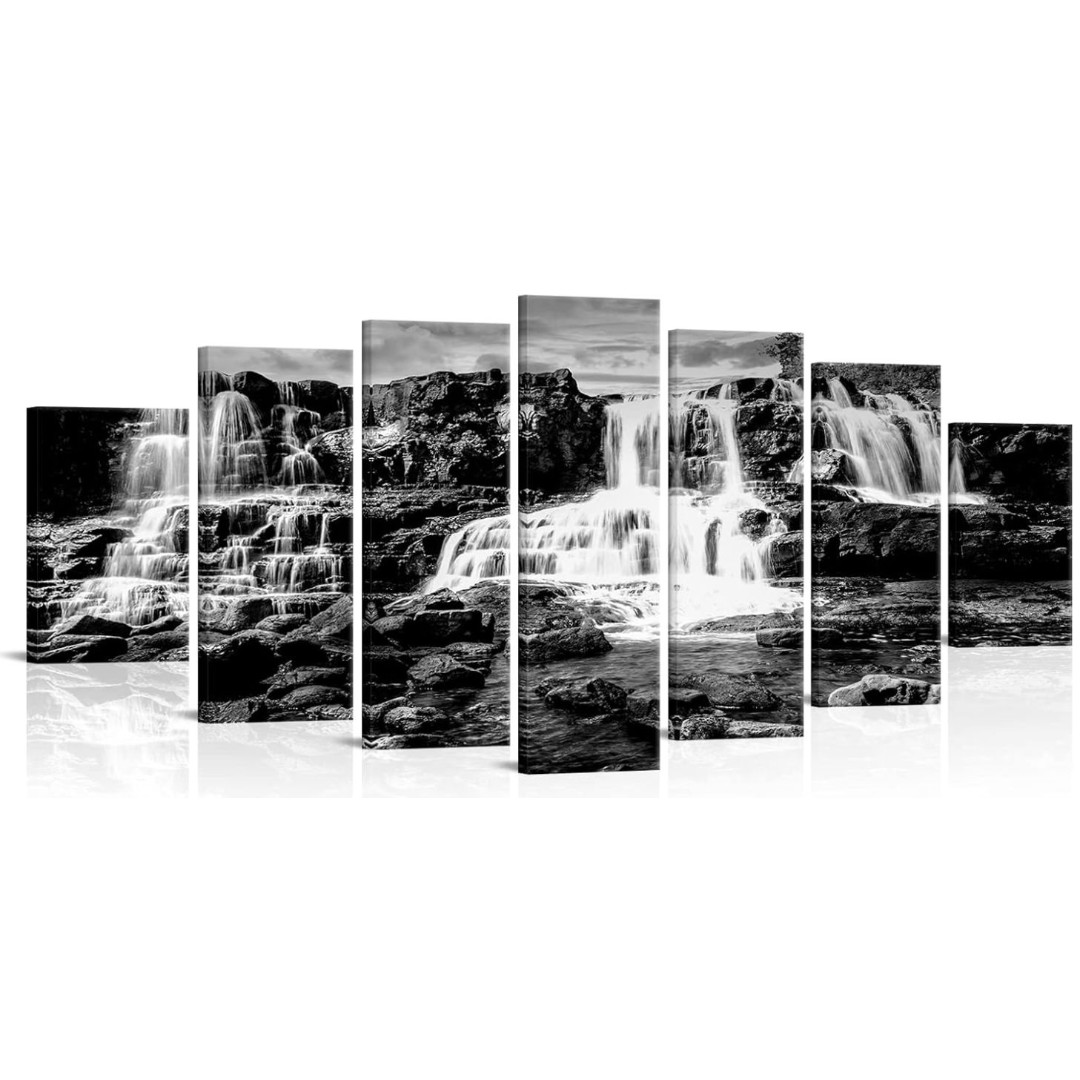 RyounoArt XLarge 7-Piece Black & White Waterfall Canvas Wall Art Framed Landscap