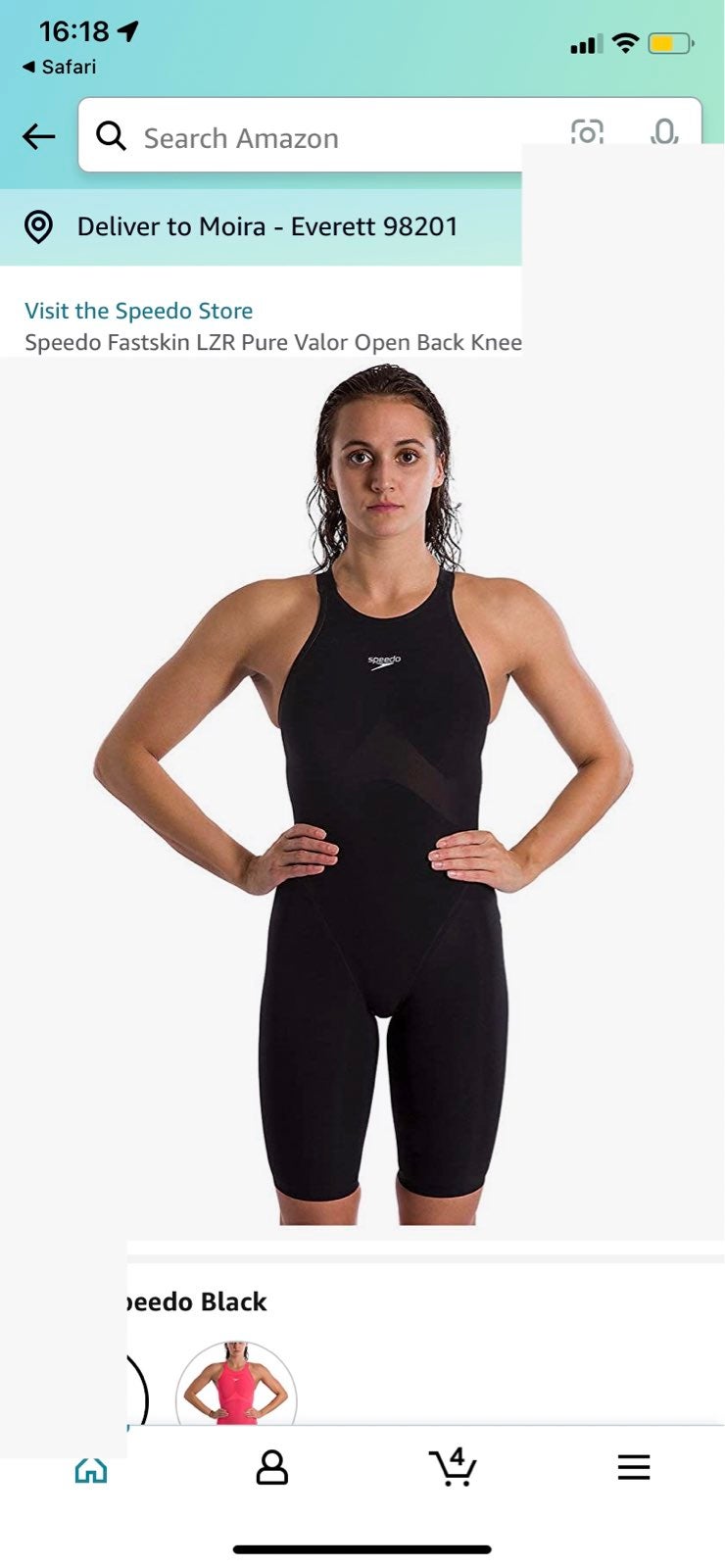 Speedo Women's Size 20 Lzr Pur Valor Open Back Kneeskin w/ Comfort Straps- Black