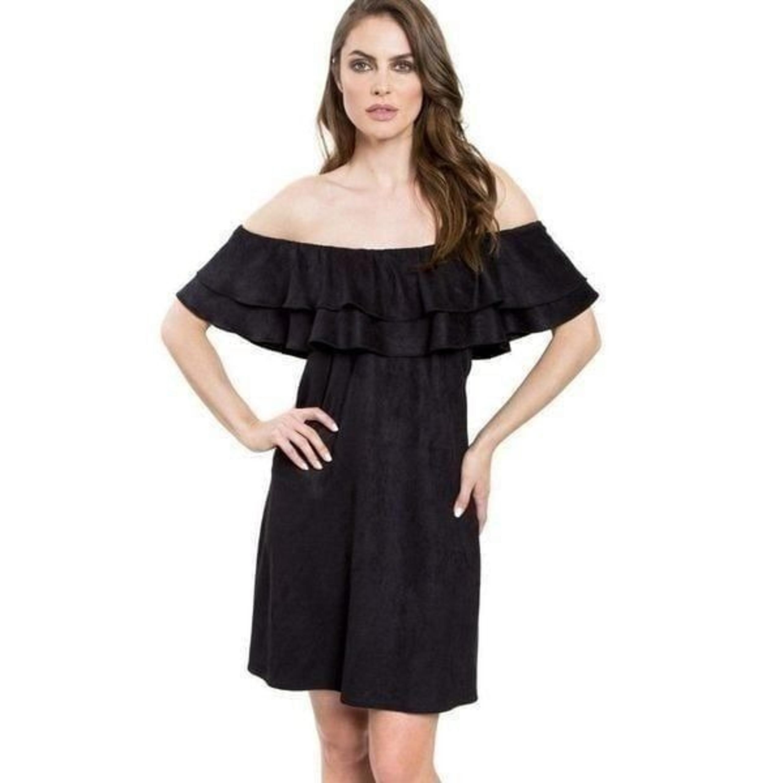 SZL Julie Brown NYC SELENA Night Out Dress w Ruffle Neckline in Black Color
