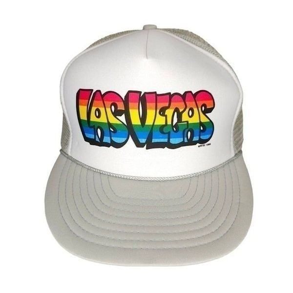 Vintage Las Vegas Rainbow Trucker Hat Mens One Size Gray 80s Rope Cap Pride