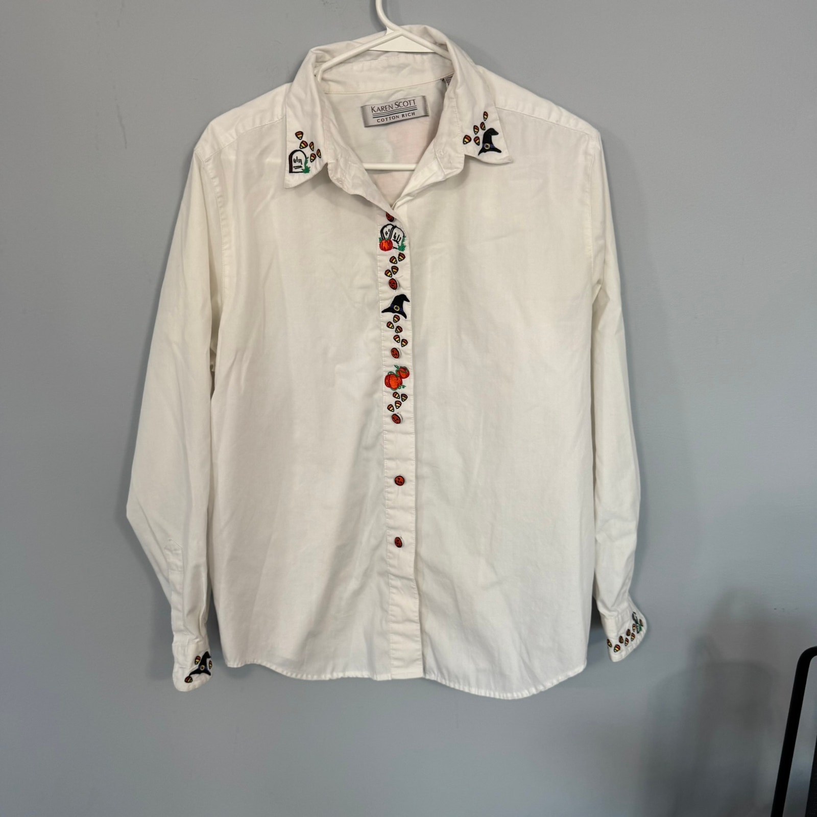 Vintage Karen Scott Embroidered Halloween Button Down Top Size Medium Autumn
