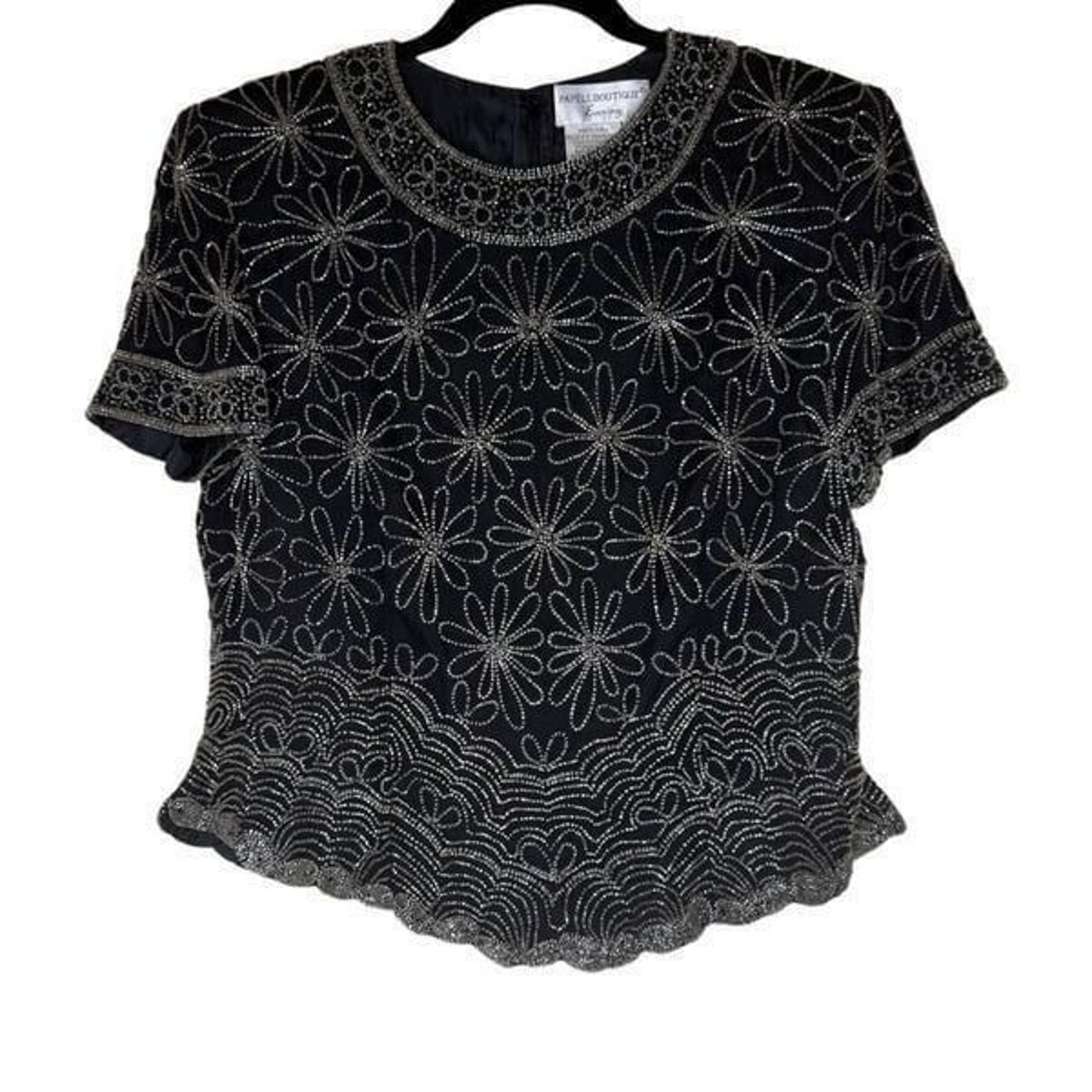 Vtg Adrianna Papell Evening Black Silk Beaded Top Sz L Old Money - Papell Boutique