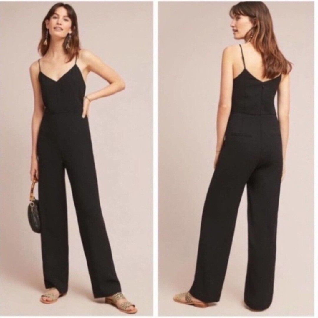 ANTHROPOLOGIE The Essential Slim Black V-Neck Straight Leg Jumpsuit Size 10