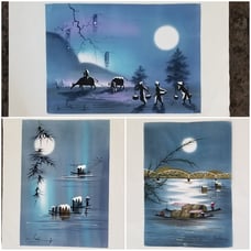 Bundle of 3 Vietnamese Silk Watercolor Paintings of Tranquil Moonlight Scenes