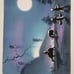 Bundle of 3 Vietnamese Silk Watercolor Paintings of Tranquil Moonlight Scenes