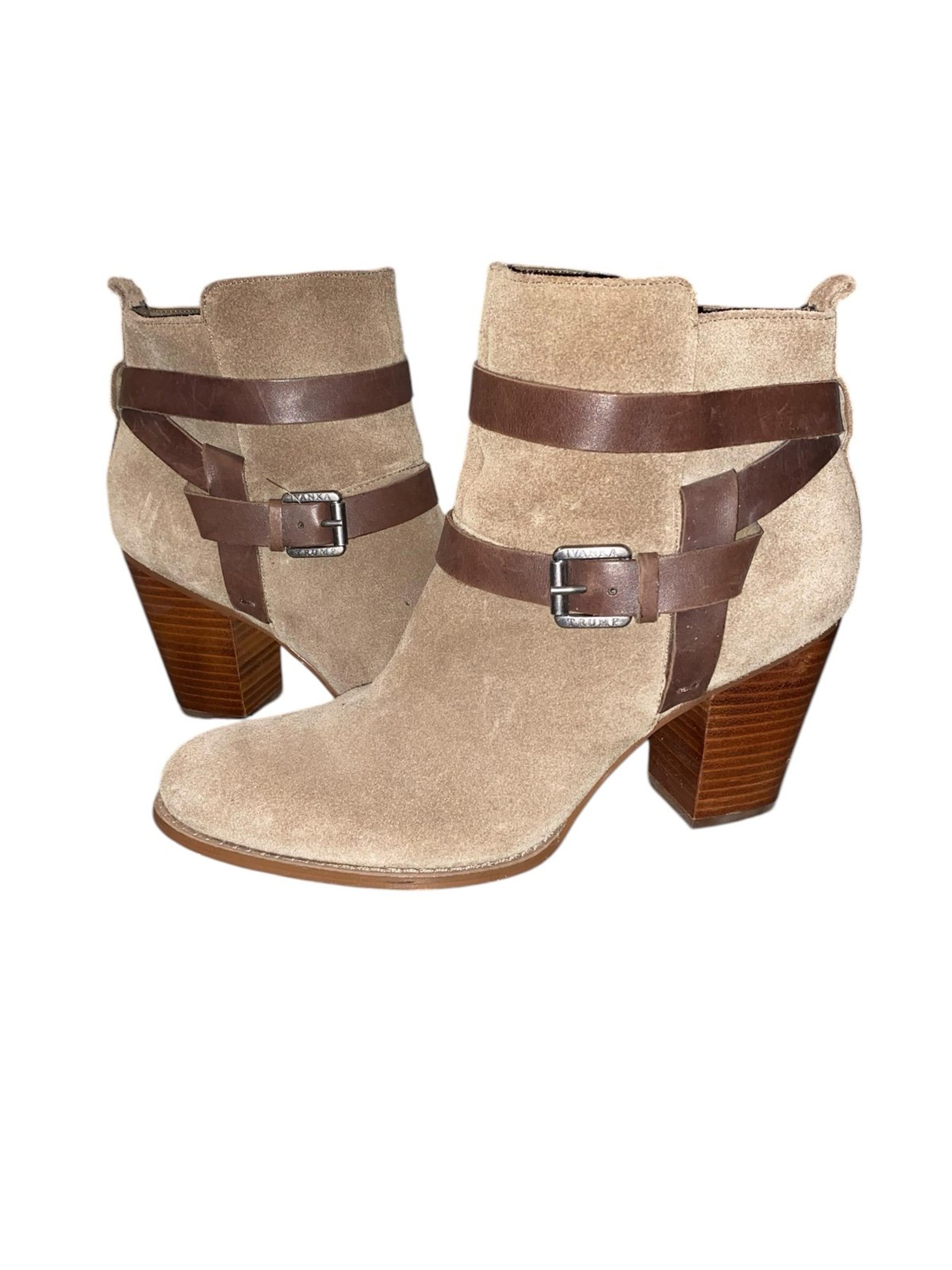 ivanka trump tan suede strappy 3 inch ankle boot sz 9.5