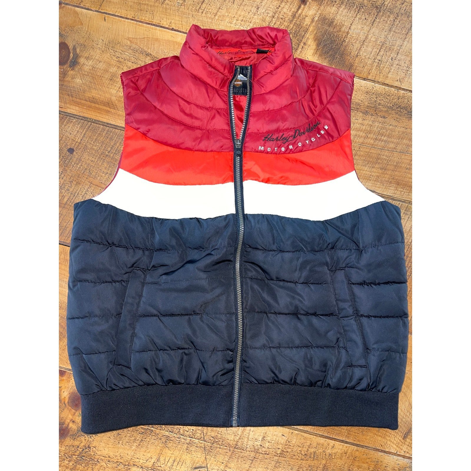 Womens Harley Davidson Red Orange Black Retro Puffer Vest Pockets Full Zip L